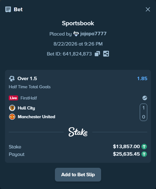Bet slip: Hull City - Manchester United, $13,857.00 stake at 1.85 odds, placed by jajapa7777