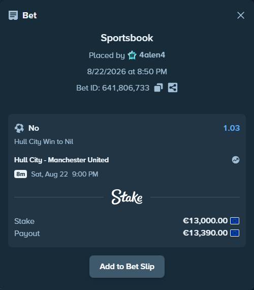 Bet slip: Hull City - Manchester United, $14,040.00 stake at 1.03 odds, placed by 4alen4