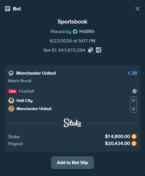 Bet slip: Hull City - Manchester United, $14,886.08 stake at 1.38 odds, placed by Hallfkh