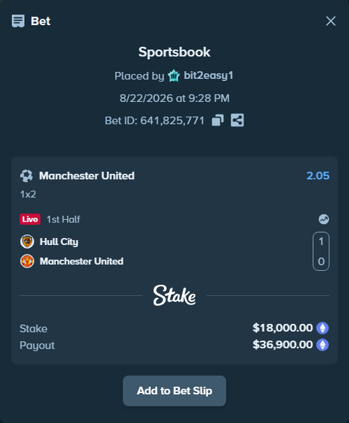 Bet slip: Hull City - Manchester United, $18,039.25 stake at 2.05 odds, placed by bit2easy1