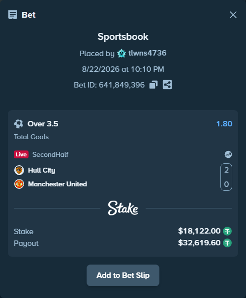 Bet slip: Hull City - Manchester United, $18,122.00 stake at 1.80 odds, placed by tlwns4736