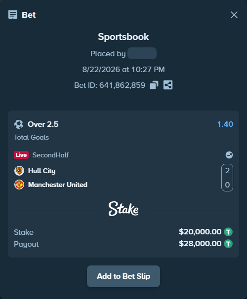 Bet slip: Hull City - Manchester United, $20,000.00 stake at 1.40 odds, placed by Jackpoor