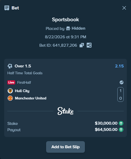 Bet slip: Hull City - Manchester United, $30,000.00 stake at 2.15 odds, placed by Jackpoor