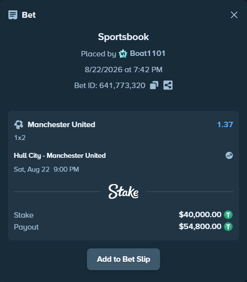 Bet slip: Hull City - Manchester United, $40,000.00 stake at 1.37 odds, placed by Boat1101