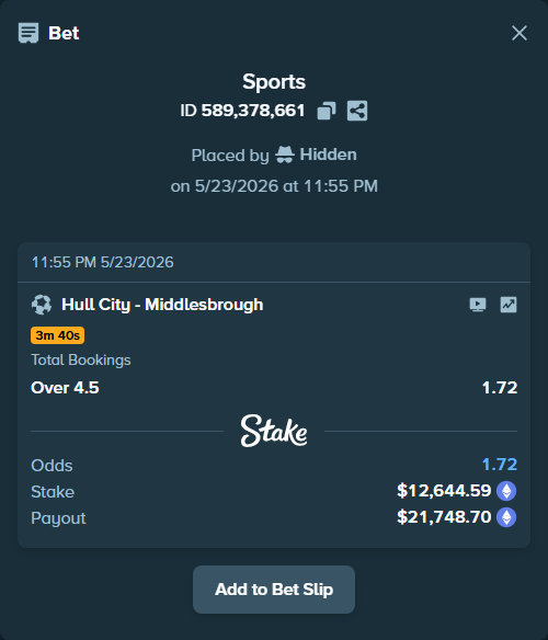 Bet slip: Hull City - Middlesbrough, $10,730.24 stake at 1.72 odds, placed by Hidden