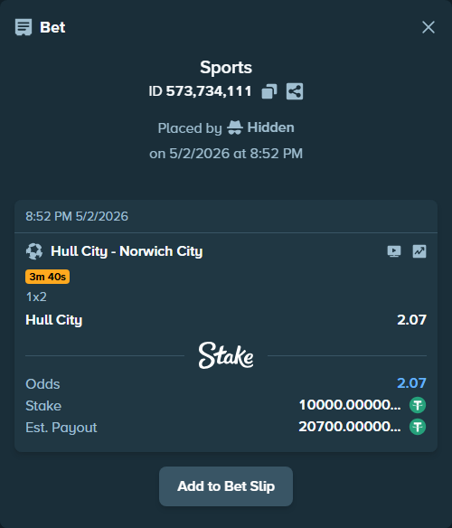 Bet slip: Hull City - Norwich City, $10,000.00 stake at 2.07 odds, placed by Hidden