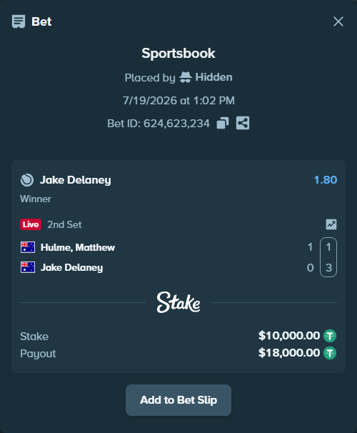 Bet slip: Hulme, Matt - Jake Delaney, $10,000.00 stake at 1.80 odds, placed by Hidden