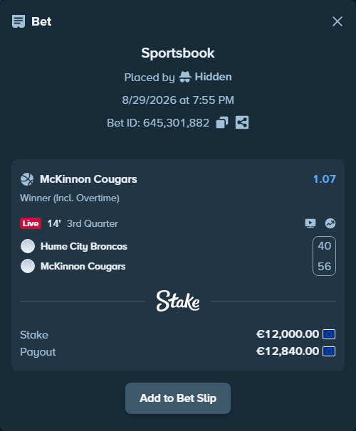 Bet slip: Hume City Broncos - McKinnon Cougars, $12,960.00 stake at 1.07 odds, placed by Hidden