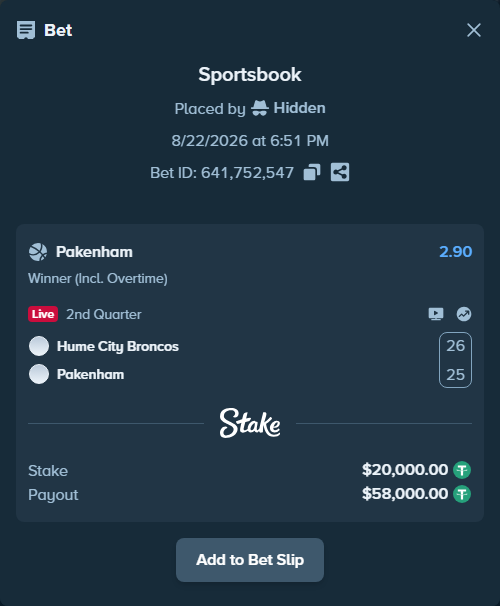 Bet slip: Hume City Broncos - Pakenham, $20,000.00 stake at 2.90 odds, placed by Hidden