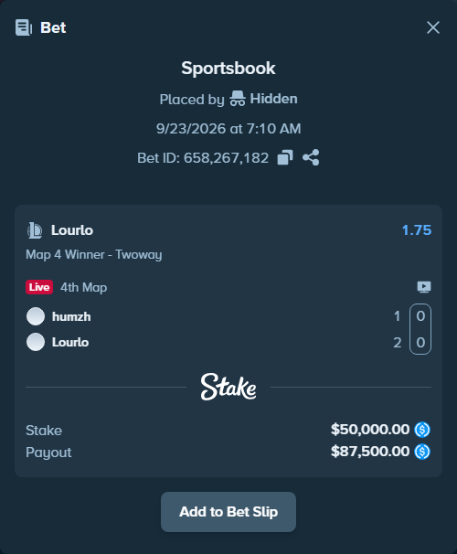 Bet slip: humzh - Lourlo, $50,000.00 stake at 1.75 odds, placed by Hidden