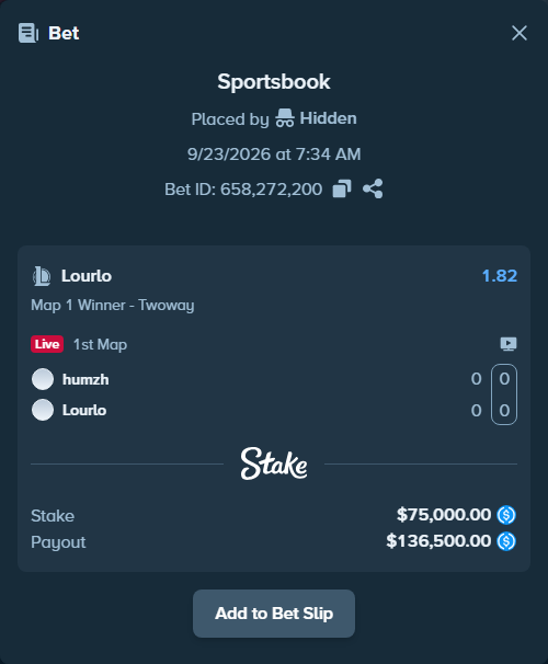 Bet slip: humzh - Lourlo, $75,000.00 stake at 1.82 odds, placed by Hidden