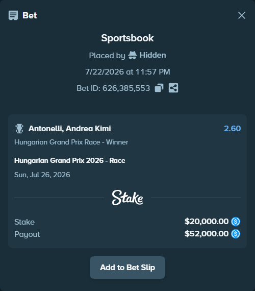 Bet slip: Hungarian Grand Prix 2026 - Race, $20,000.00 stake at 2.60 odds, placed by Hidden