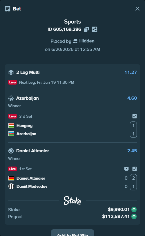 Bet slip: Hungary - Azerbaijan, $10,000.00 stake at 4.60 odds, placed by Hidden