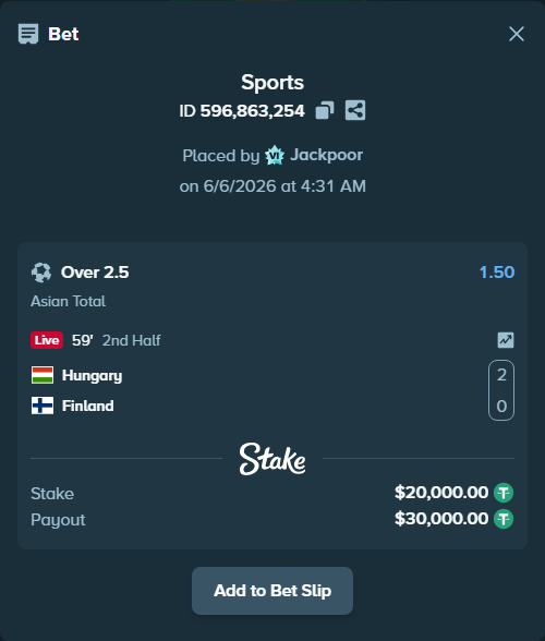 Bet slip: Hungary - Finland, $20,000.00 stake at 1.50 odds, placed by Jackpoor