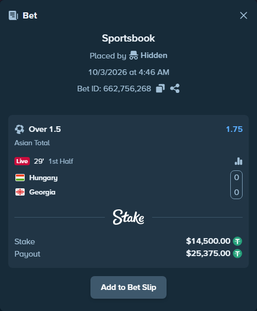 Bet slip: Hungary - Georgia, $14,500.00 stake at 1.75 odds, placed by tlwns4736