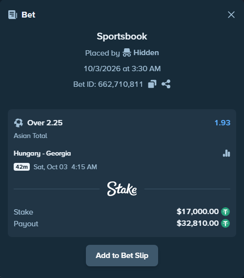 Bet slip: Hungary - Georgia, $17,000.00 stake at 1.93 odds, placed by Hidden