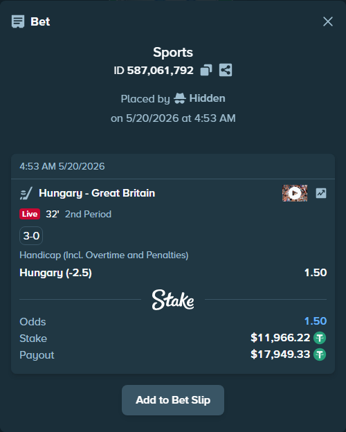 Bet slip: Hungary - Great Britain, $11,978.19 stake at 1.50 odds, placed by Hidden