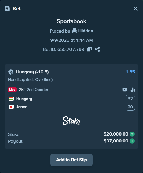 Bet slip: Hungary - Japan, $20,000.00 stake at 1.85 odds, placed by Hidden