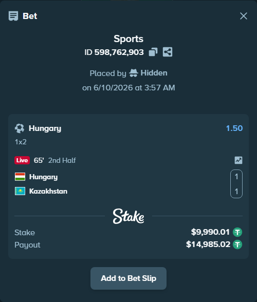 Bet slip: Hungary - Kazakhstan, $10,000.00 stake at 1.50 odds, placed by Hidden