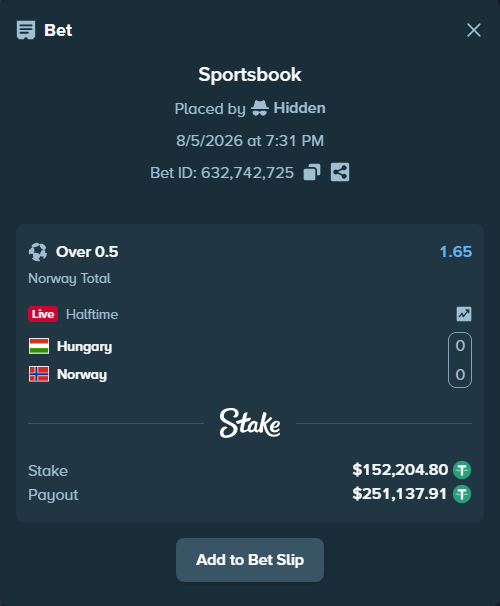 Bet slip: Hungary SRL - Norway Srl, $152,357.00 stake at 1.65 odds, placed by Hidden