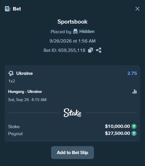 Bet slip: Hungary - Ukraine, $10,000.00 stake at 2.75 odds, placed by Zumbus93