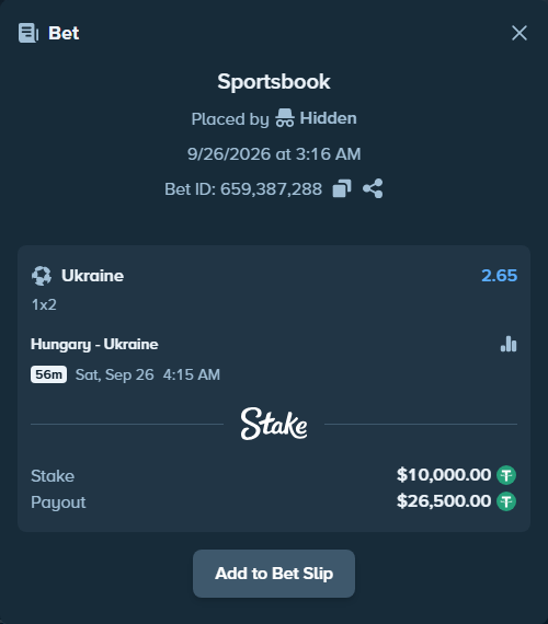Bet slip: Hungary - Ukraine, $10,000.00 stake at 2.65 odds, placed by Zumbus93