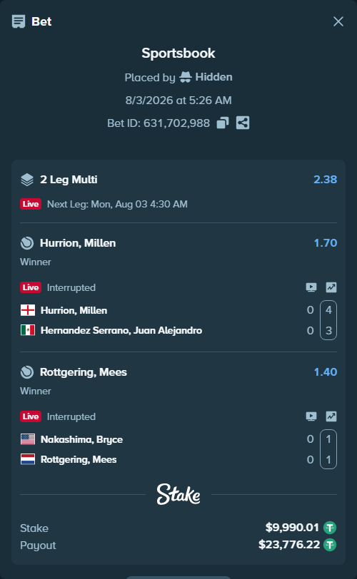 Bet slip: Hurrion, Millen - Hernandez, Alex, $10,000.00 stake at 1.70 odds, placed by Hidden