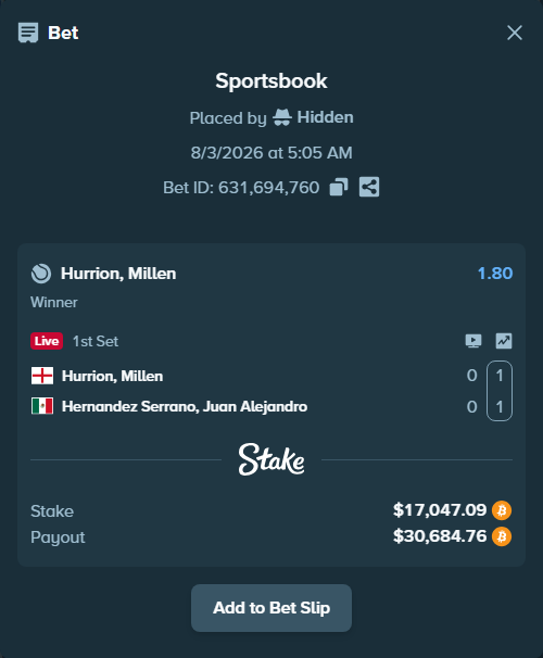 Bet slip: Hurrion, Millen - Hernandez, Alex, $17,325.28 stake at 1.80 odds, placed by Hidden
