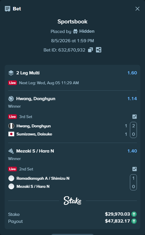 Bet slip: Hwang, Donghyun - Sumizawa, Daisuke, $30,000.00 stake at 1.14 odds, placed by Hidden