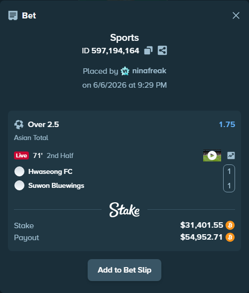 Bet slip: Hwaseong FC - Suwon Bluewings, $33,209.81 stake at 1.75 odds, placed by ninafreak