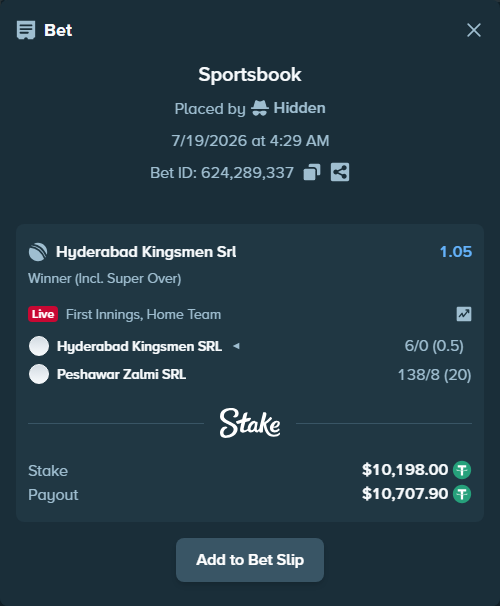 Bet slip: Hyderabad Kingsmen Srl - Peshawar Zalmi SRL, $10,208.20 stake at 1.05 odds, placed by Hidden