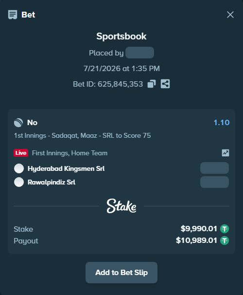 Bet slip: Hyderabad Kingsmen Srl - Rawalpindiz Srl, $10,000.00 stake at 1.10 odds, placed by Superanju