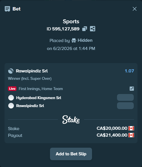 Bet slip: Hyderabad Kingsmen Srl - Rawalpindiz Srl, $14,800.00 stake at 1.07 odds, placed by Hidden