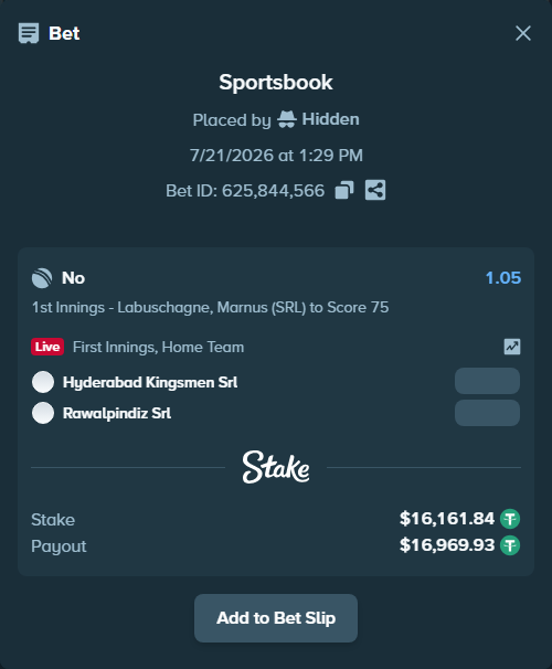 Bet slip: Hyderabad Kingsmen Srl - Rawalpindiz Srl, $16,178.00 stake at 1.05 odds, placed by Hidden