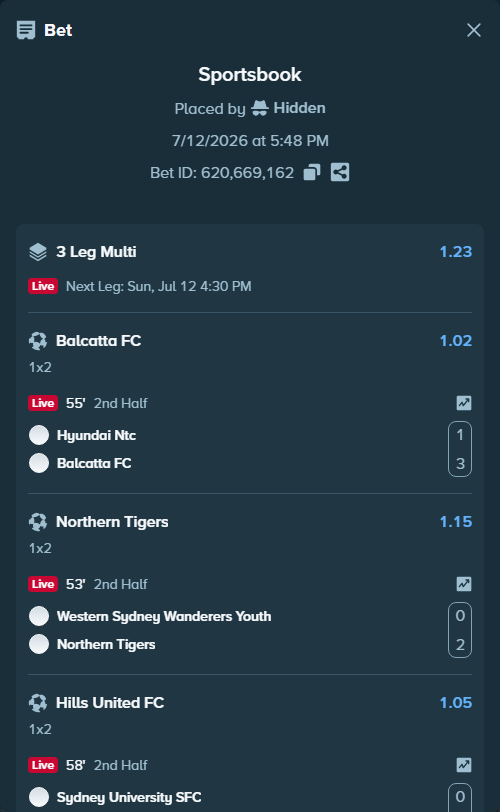Bet slip: Hyundai NTC - Balcatta FC, $10,000.00 stake at 1.02 odds, placed by Hidden