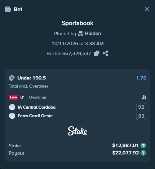 Bet slip: IA Central Cordoba - Ferro Carril Oeste, $13,000.00 stake at 1.70 odds, placed by Kriski99