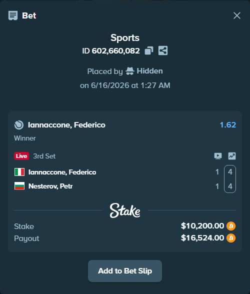 Bet slip: Iannaccone, Federico - Nesterov, Pyotr, $9,809.68 stake at 1.62 odds, placed by Hidden
