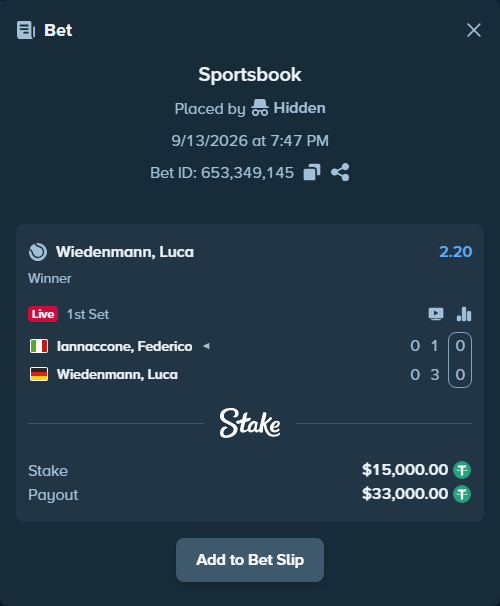 Bet slip: Iannaccone, Federico - Wiedenmann, Luca, $15,000.00 stake at 2.20 odds, placed by Hidden