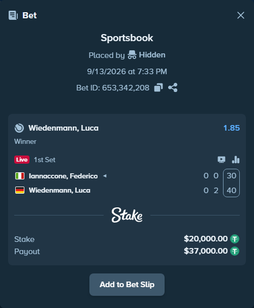 Bet slip: Iannaccone, Federico - Wiedenmann, Luca, $20,000.00 stake at 1.85 odds, placed by Hidden