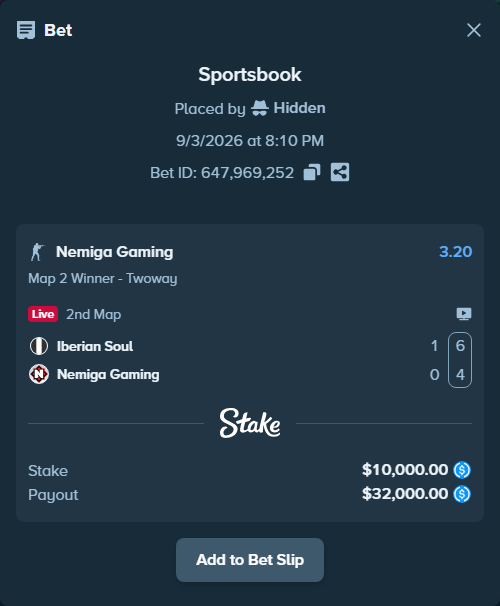 Bet slip: Iberian Soul - Nemiga Gaming, $10,000.00 stake at 3.20 odds, placed by Hidden