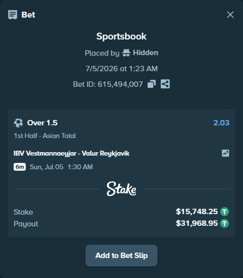 Bet slip: IBV Vestmannaeyjar - Valur Reykjavik, $15,764.00 stake at 2.03 odds, placed by Hidden