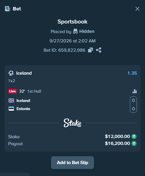 Bet slip: Iceland - Estonia, $12,000.00 stake at 1.35 odds, placed by Armo098