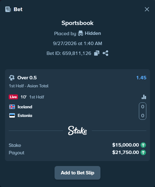 Bet slip: Iceland - Estonia, $15,000.00 stake at 1.45 odds, placed by Jackpoor