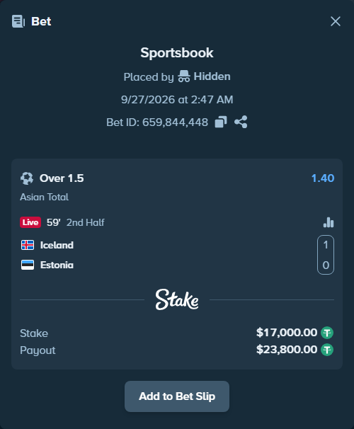 Bet slip: Iceland - Estonia, $17,000.00 stake at 1.40 odds, placed by Jackpoor