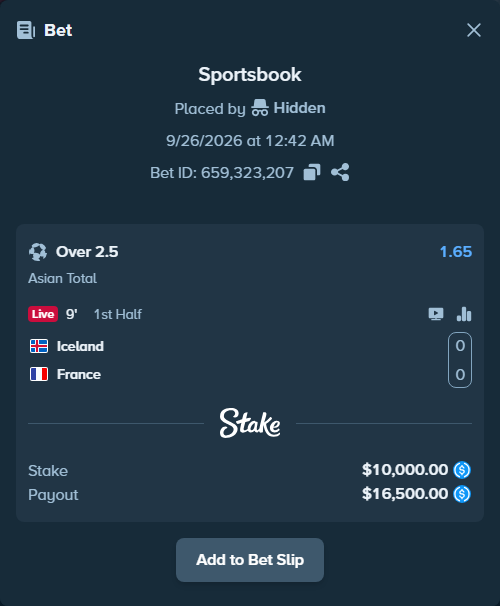 Bet slip: Iceland - France, $10,000.00 stake at 1.65 odds, placed by Hidden