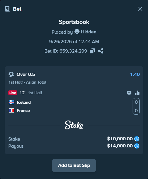 Bet slip: Iceland - France, $10,000.00 stake at 1.40 odds, placed by Hidden