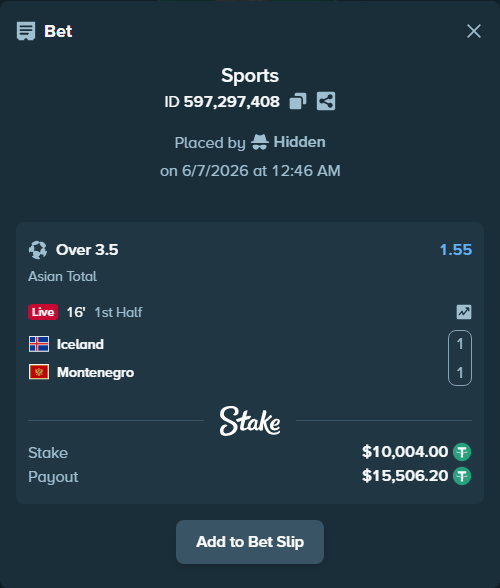 Bet slip: Iceland - Montenegro, $10,004.00 stake at 1.55 odds, placed by Hidden