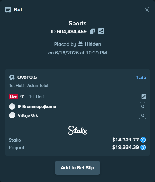 Bet slip: IF Brommapojkarna - Vittsjo GIK, $14,321.77 stake at 1.35 odds, placed by Hidden