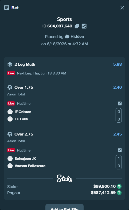Bet slip: IF Gnistan - FC Lahti, $100,000.00 stake at 2.40 odds, placed by Hidden