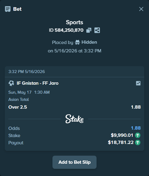 Bet slip: IF Gnistan - FF Jaro, $10,000.00 stake at 1.88 odds, placed by Hidden